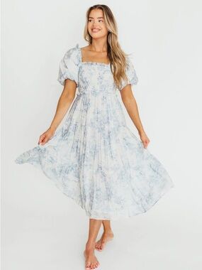 Worth Collective Elena 100% Cotton Toile Print Smocked Midi Dress in Blue